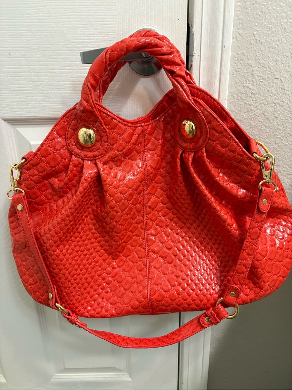 Gianni Bini Red Textured Snake Embossed Gold Hardware Shoulder Satchel Handbag